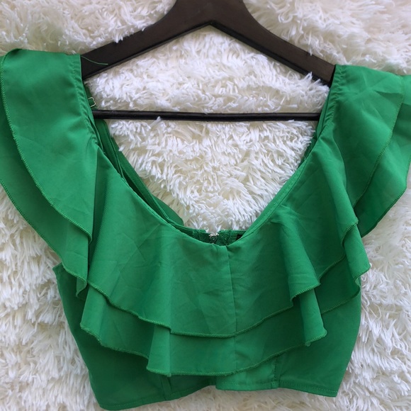 PLT Green Chiffon Ruffle Detail Strappy Crop Top - Picture 6 of 8
